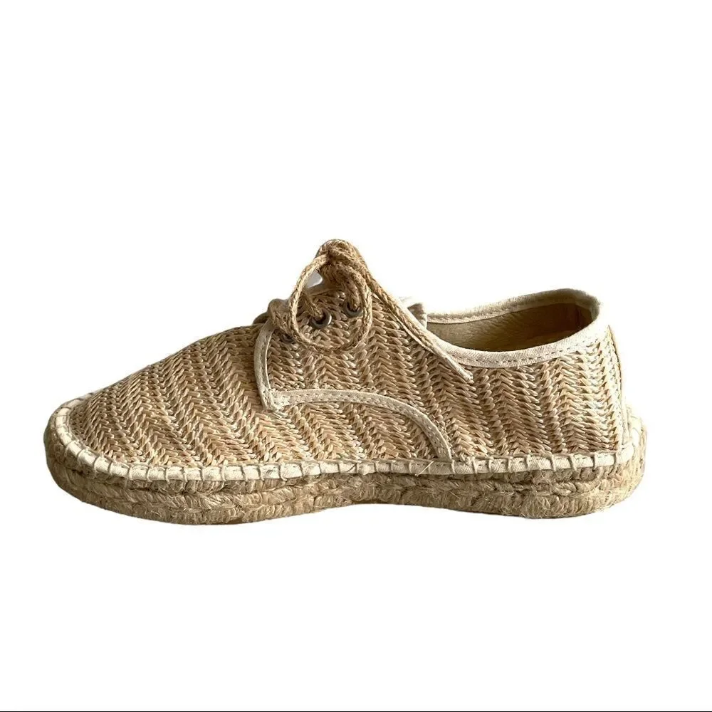 SCHUTZ Woven Flat Slip-On Lace Up Espadrilles Sandals Shoes Tan Straw 8